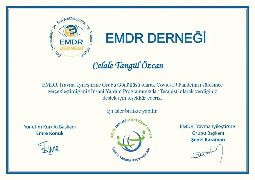 Certificate of appreciation issued by the EMDR Association Trauma Recovery Group for COVID-19.
