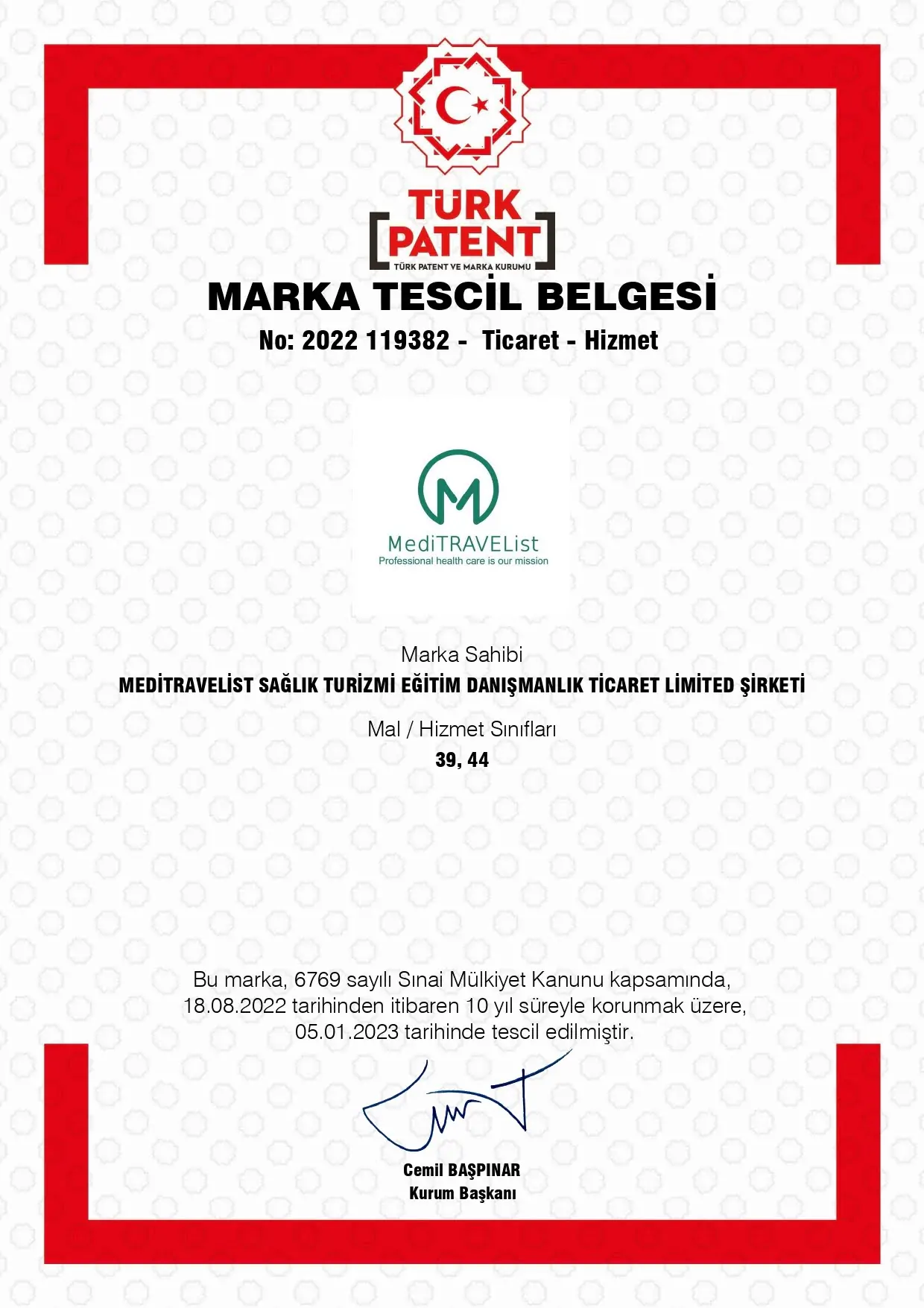 meditravelist trademark registration certificate turkish patent institue